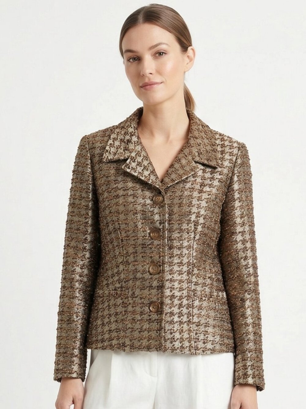 Chico's Blazer Jacket Brown Glimmering Houndstooth Textured 1 (M) NWT